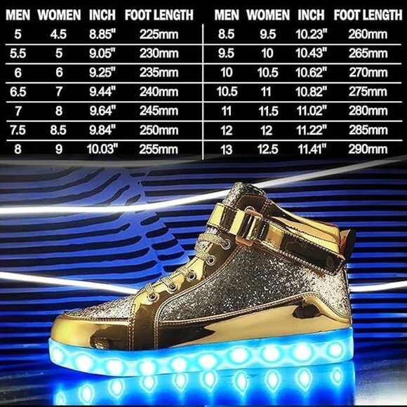 ⚡Unisex Glitter Gold USB Recharging High Top LED Light Up Casual Sneakers - Picture 6 of 6